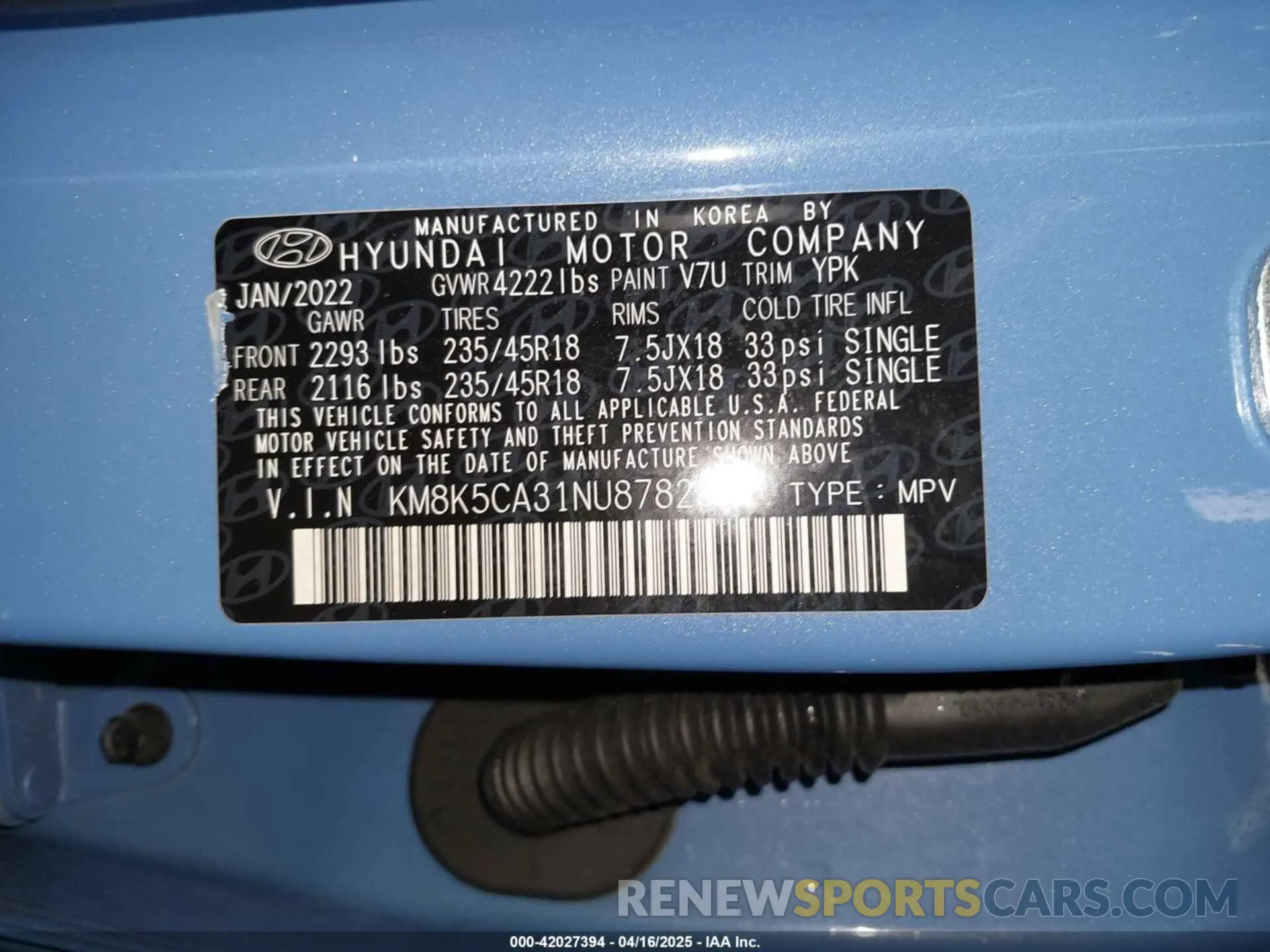 9 Photograph of a damaged car KM8K5CA31NU878259 HYUNDAI KONA 2022