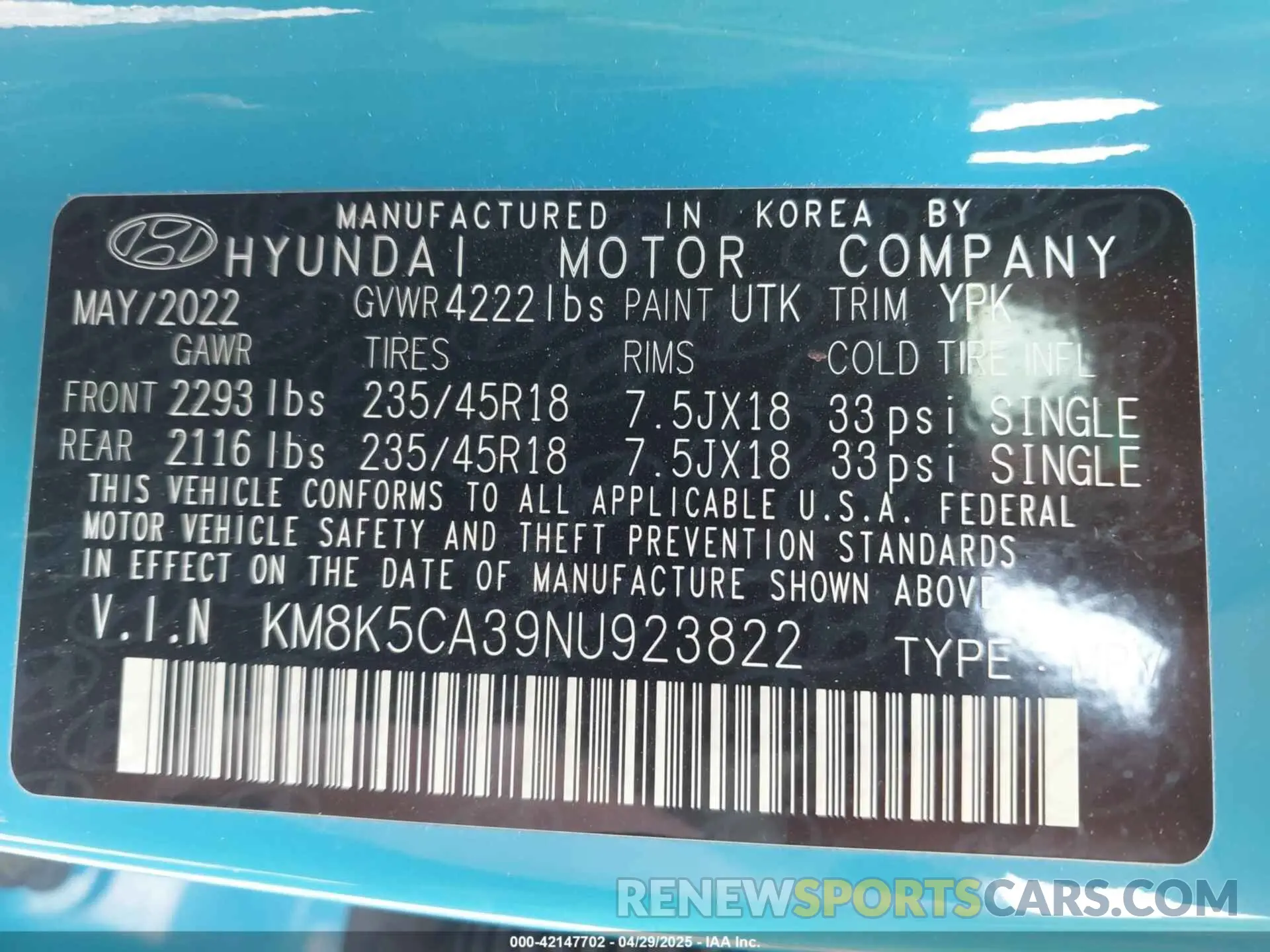9 Photograph of a damaged car KM8K5CA39NU923822 HYUNDAI KONA 2022
