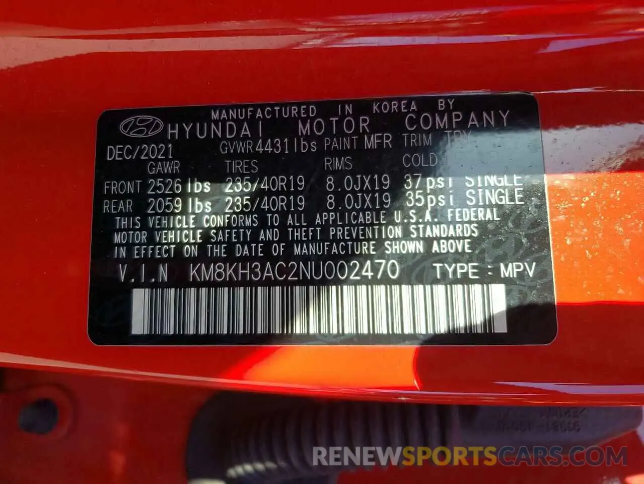 14 Photograph of a damaged car KM8KH3AC2NU002470 HYUNDAI KONA 2022