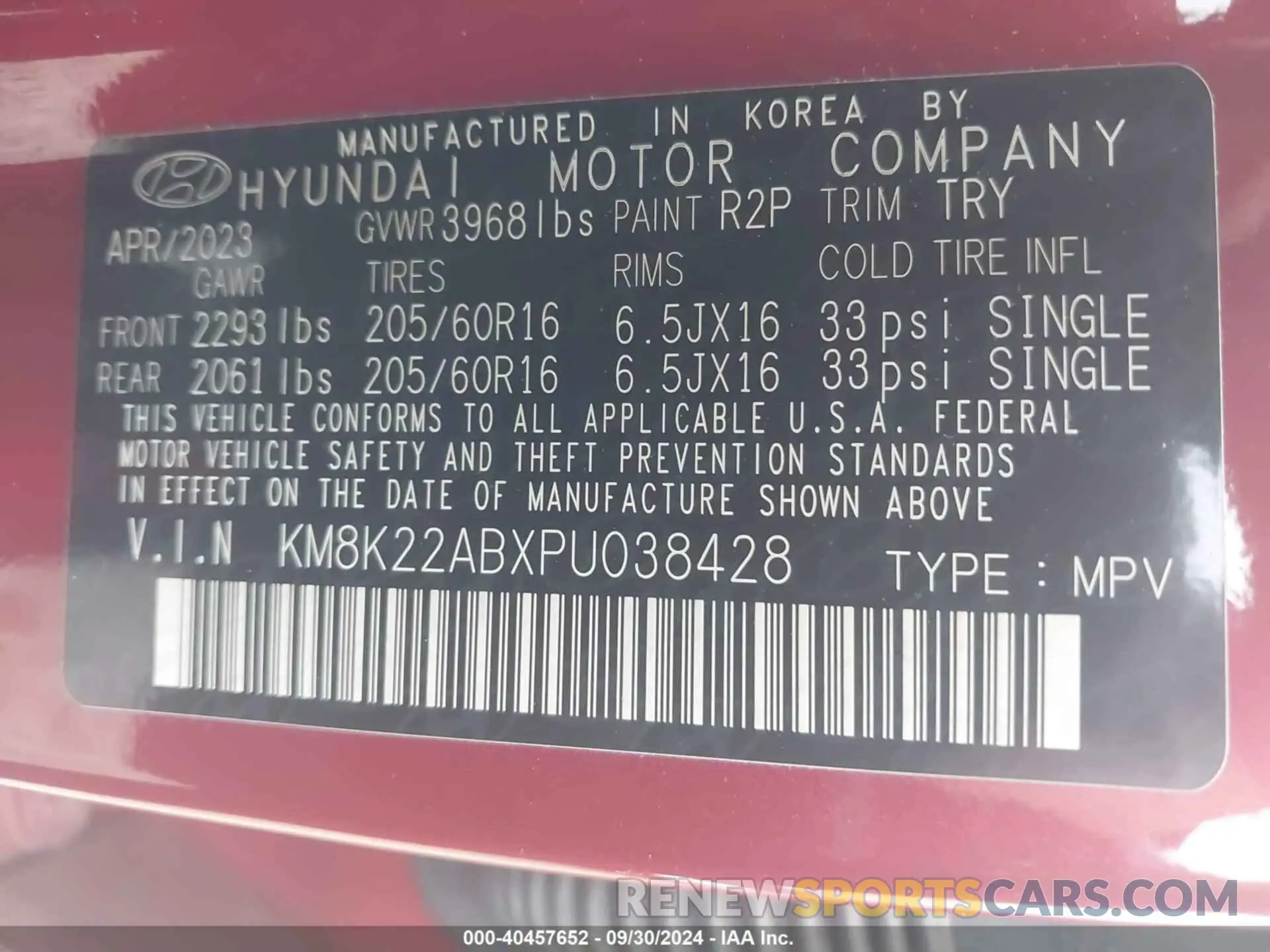 9 Photograph of a damaged car KM8K22ABXPU038428 HYUNDAI KONA 2023