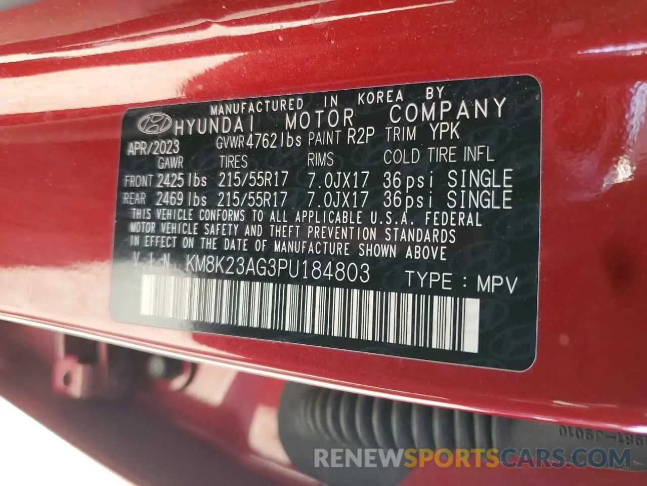14 Фотография поврежденного автомобиля KM8K23AG3PU184803 HYUNDAI KONA 2023