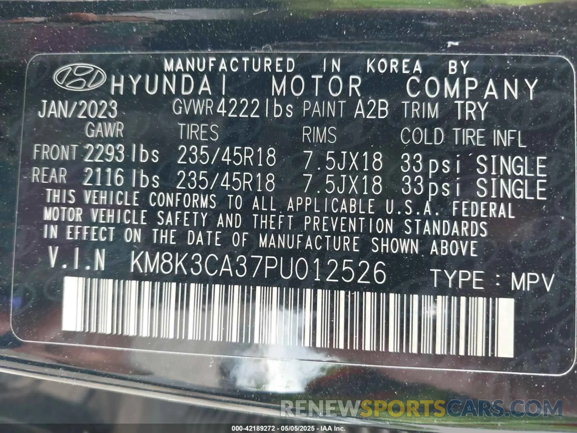 9 Фотография поврежденного автомобиля KM8K3CA37PU012526 HYUNDAI KONA 2023