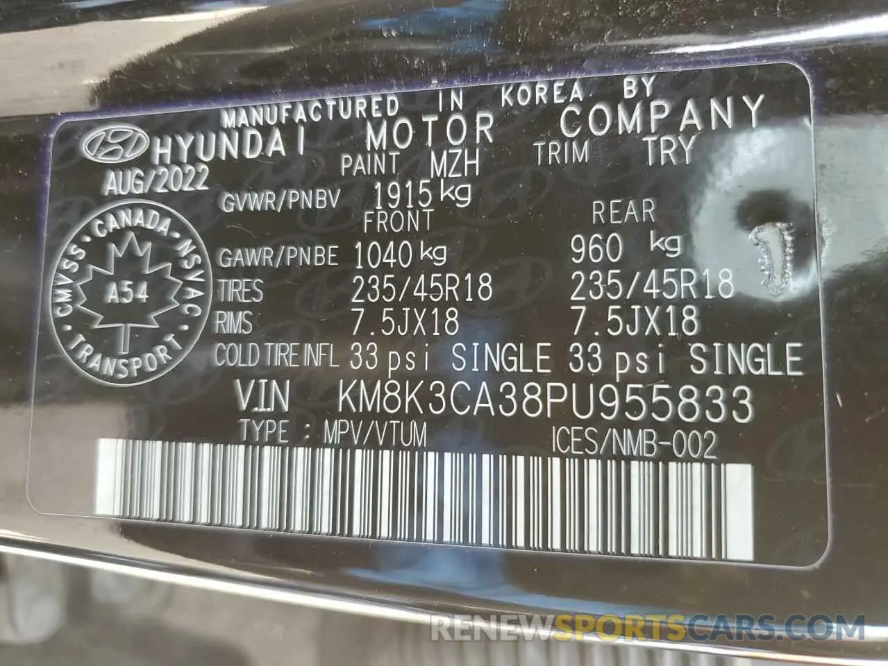 12 Photograph of a damaged car KM8K3CA38PU955833 HYUNDAI KONA 2023