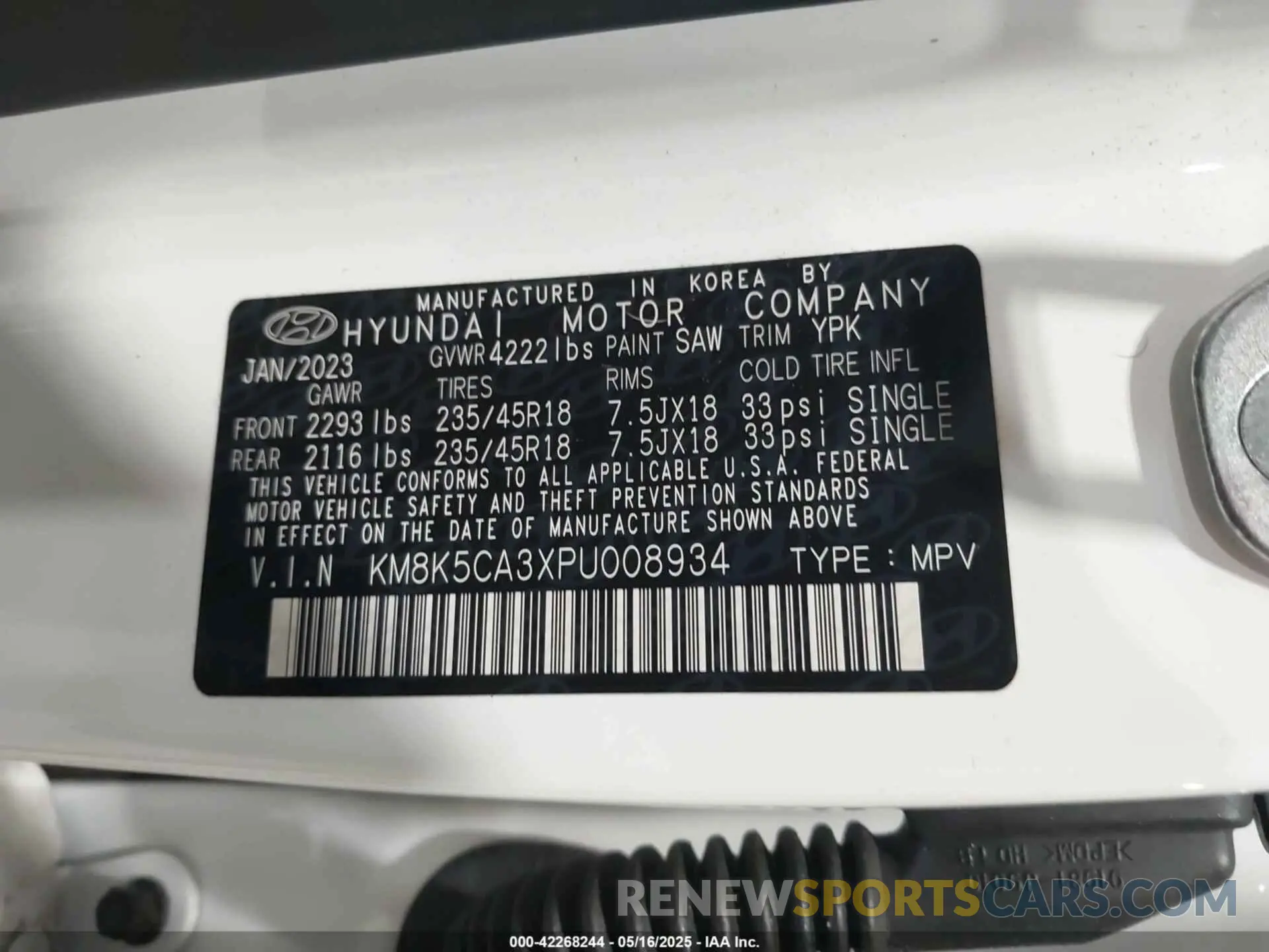9 Фотография поврежденного автомобиля KM8K5CA3XPU008934 HYUNDAI KONA 2023