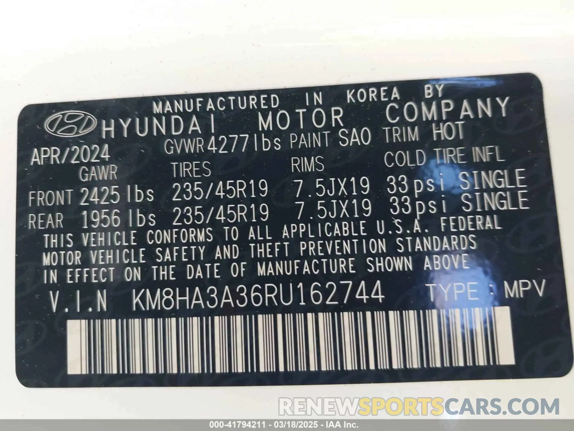 9 Фотография поврежденного автомобиля KM8HA3A36RU162744 HYUNDAI KONA 2024