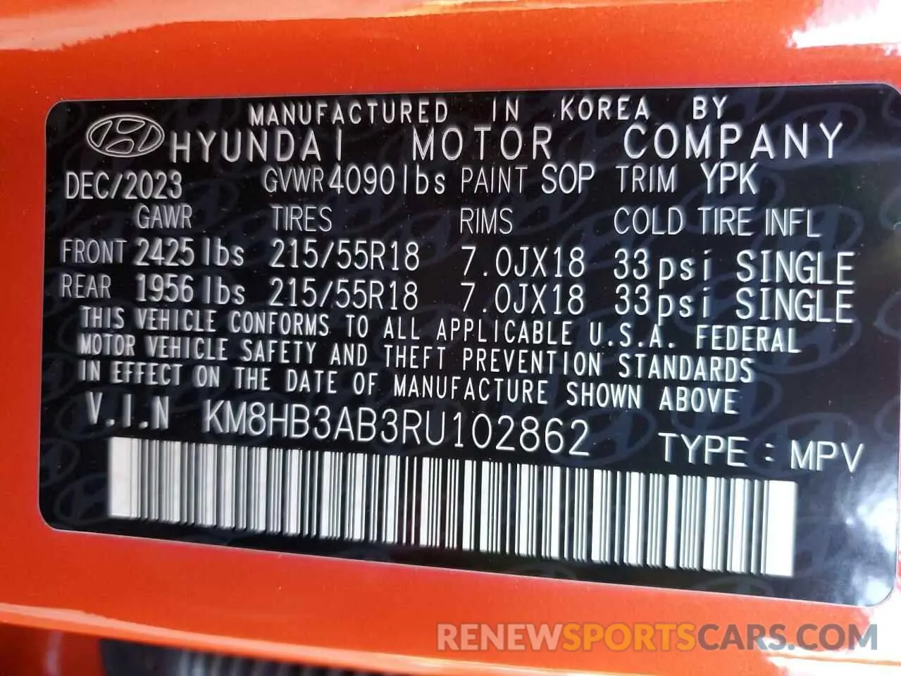 12 Photograph of a damaged car KM8HB3AB3RU102862 HYUNDAI KONA 2024