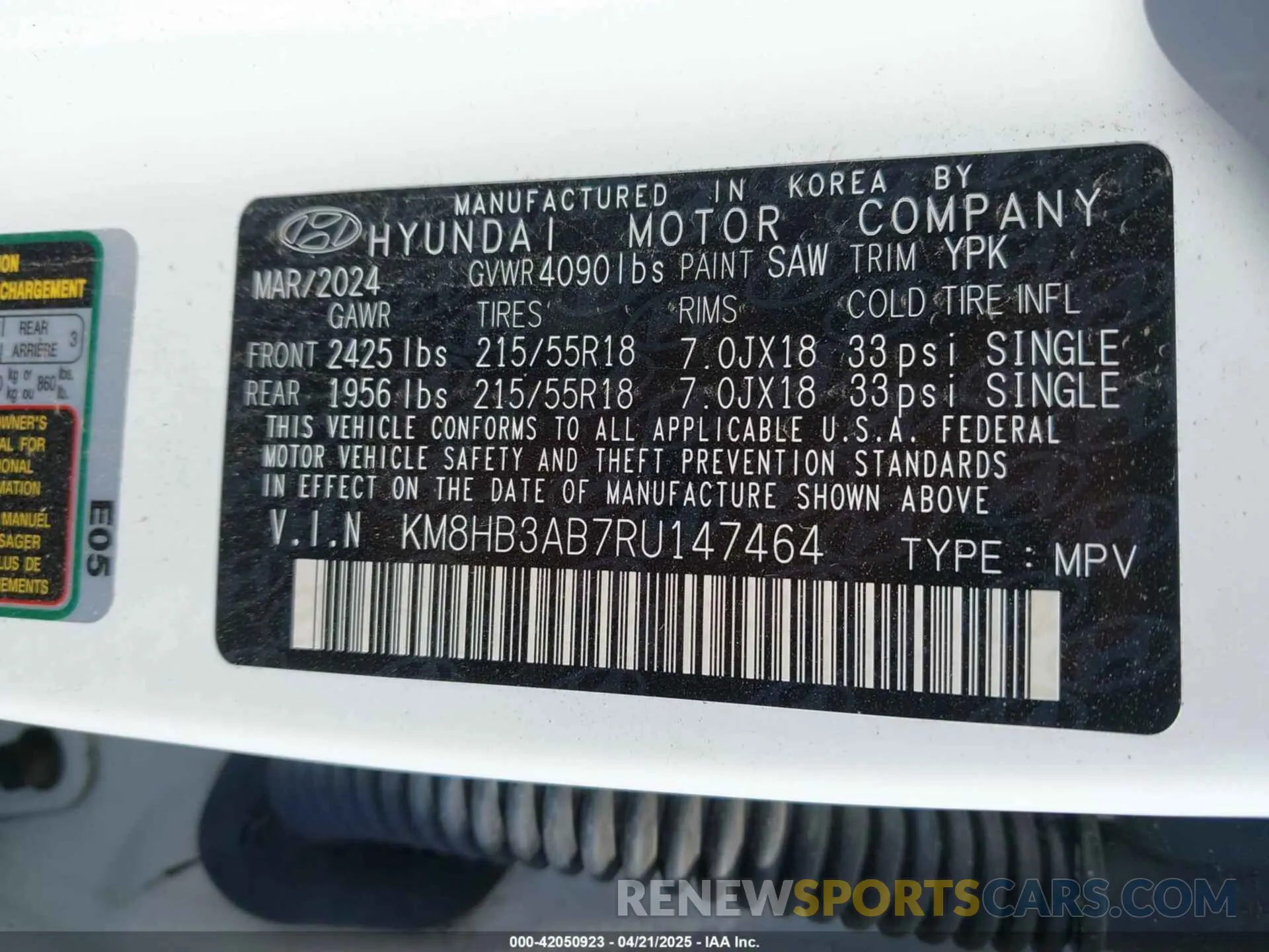 9 Photograph of a damaged car KM8HB3AB7RU147464 HYUNDAI KONA 2024