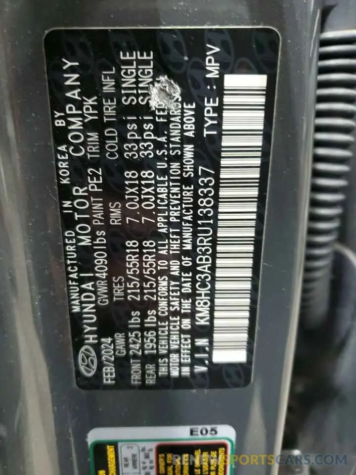 12 Photograph of a damaged car KM8HC3AB3RU138337 HYUNDAI KONA 2024