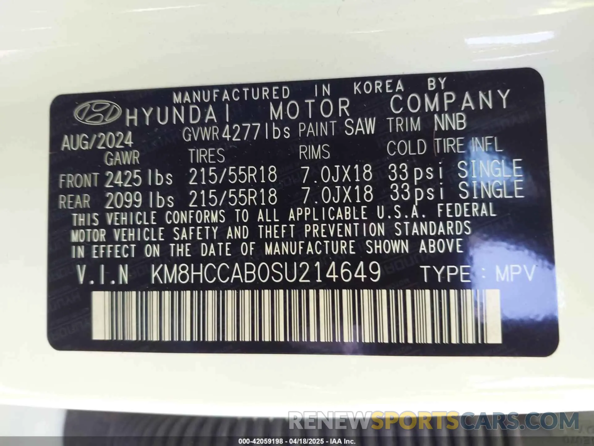 9 Фотография поврежденного автомобиля KM8HCCAB0SU214649 HYUNDAI KONA 2025