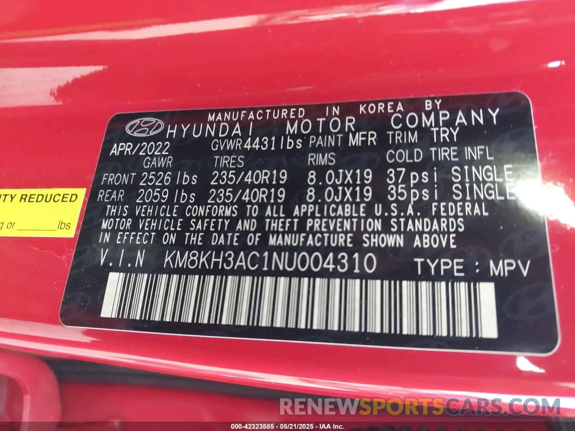 9 Фотография поврежденного автомобиля KM8KH3AC1NU004310 HYUNDAI KONA N 2022