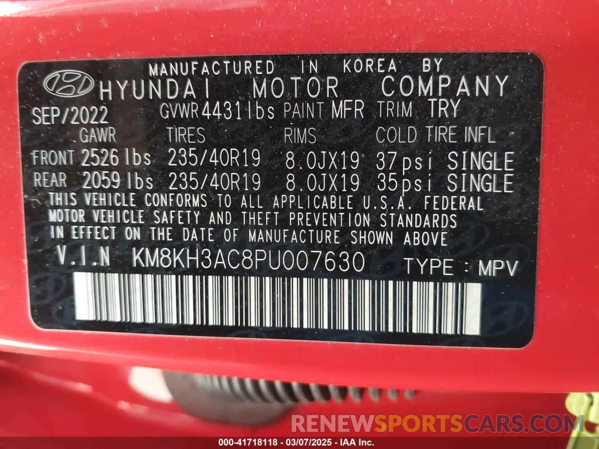 9 Фотография поврежденного автомобиля KM8KH3AC8PU007630 HYUNDAI KONA N 2023
