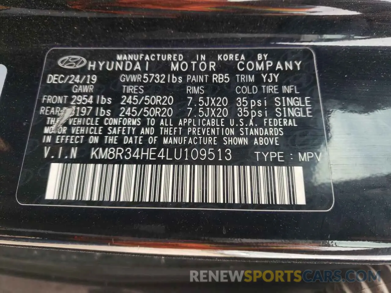 13 Photograph of a damaged car KM8R34HE4LU109513 HYUNDAI PALISADE 2020