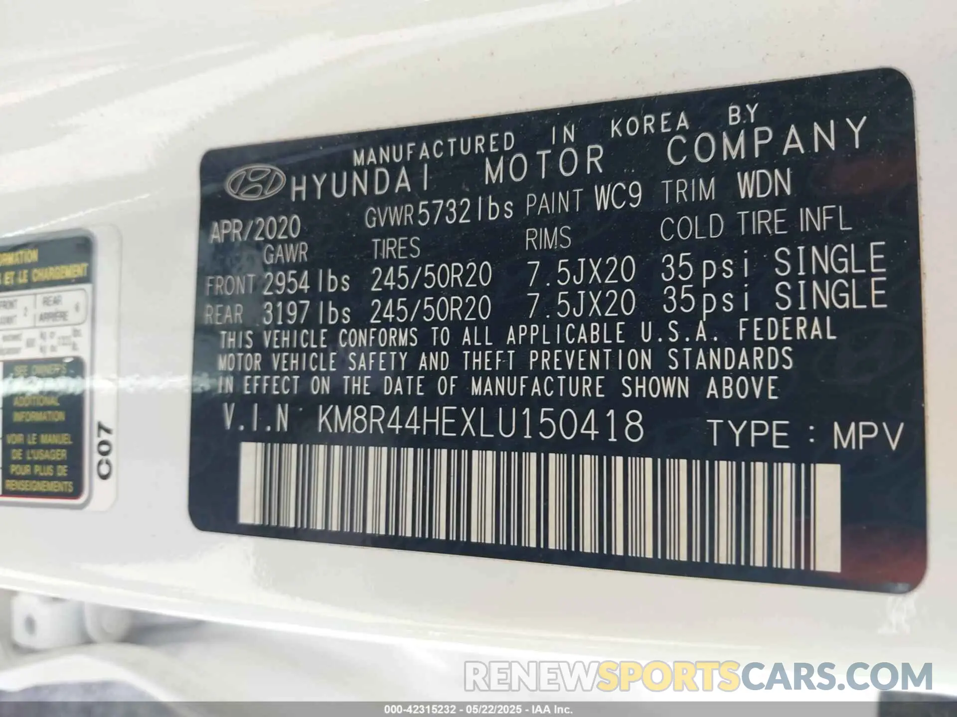 9 Photograph of a damaged car KM8R44HEXLU150418 HYUNDAI PALISADE 2020