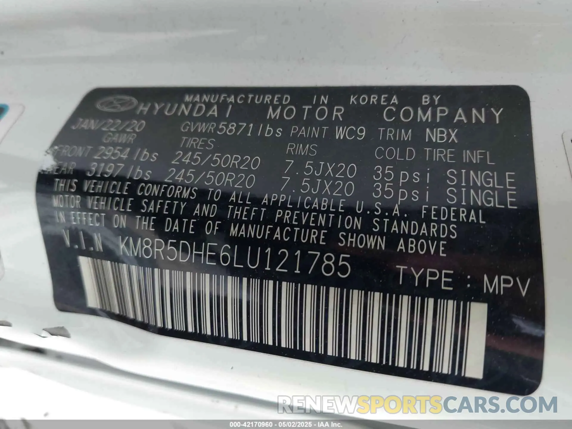 9 Photograph of a damaged car KM8R5DHE6LU121785 HYUNDAI PALISADE 2020