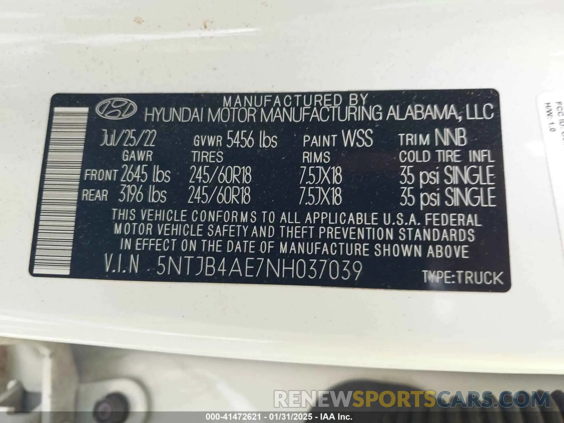 9 Фотография поврежденного автомобиля 5NTJB4AE7NH037039 HYUNDAI SANTA CRUZ 2022