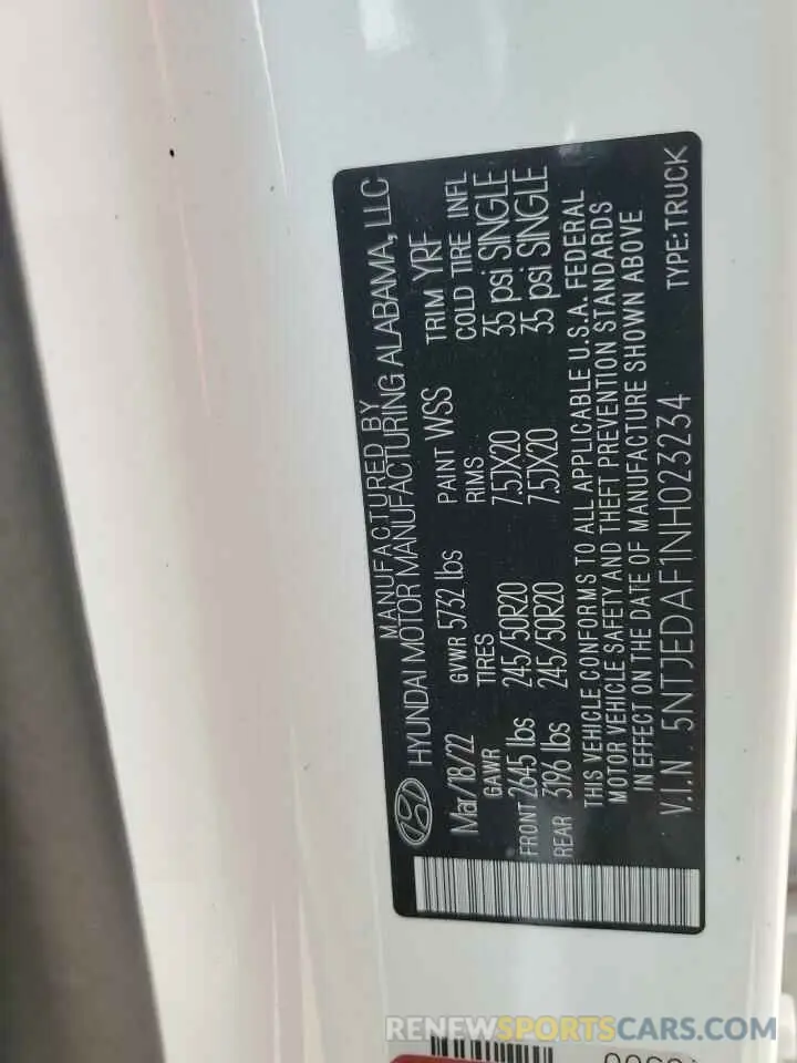 12 Фотография поврежденного автомобиля 5NTJEDAF1NH023234 HYUNDAI SANTA CRUZ 2022