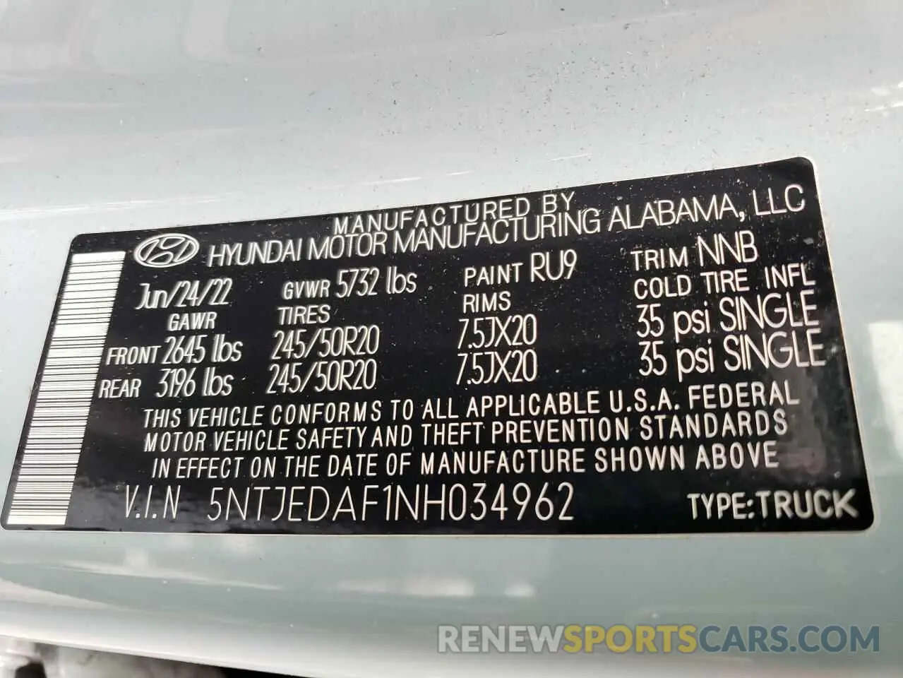 12 Photograph of a damaged car 5NTJEDAF1NH034962 HYUNDAI SANTA CRUZ 2022