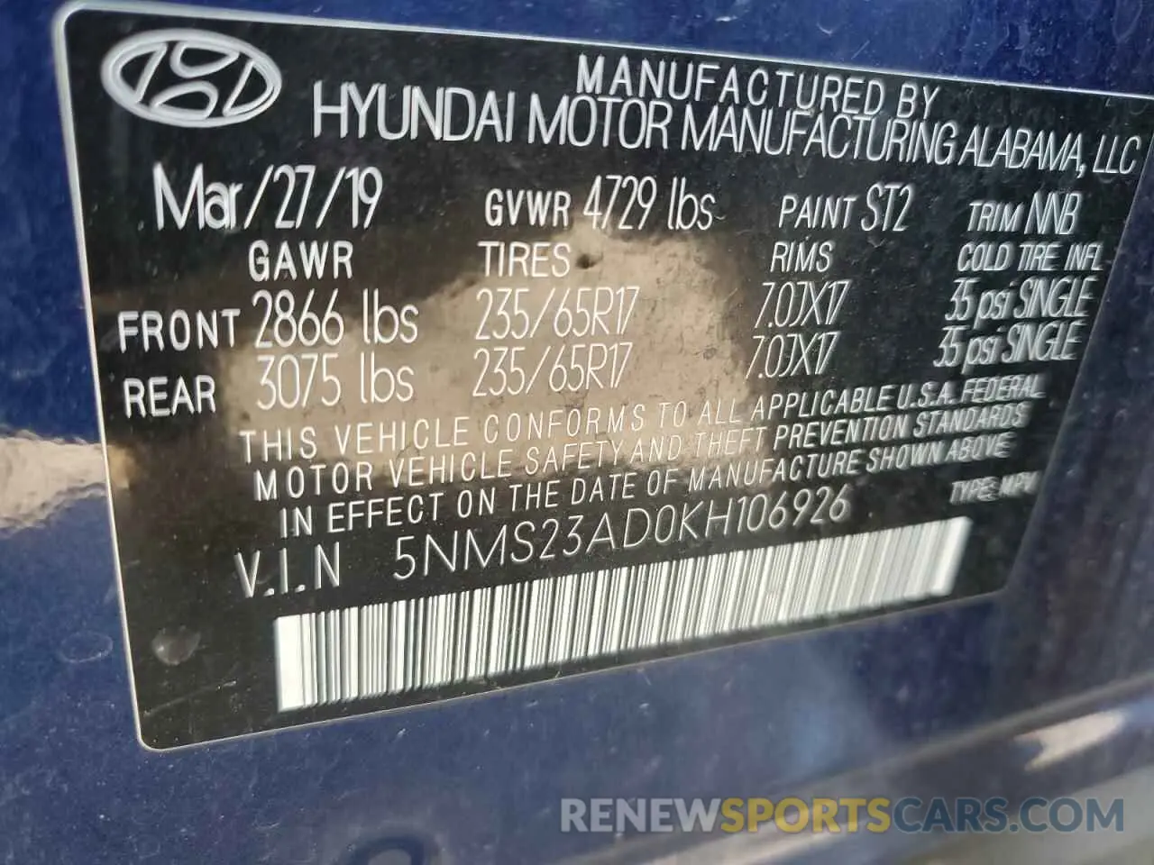 13 Photograph of a damaged car 5NMS23AD0KH106926 HYUNDAI SANTA FE 2019