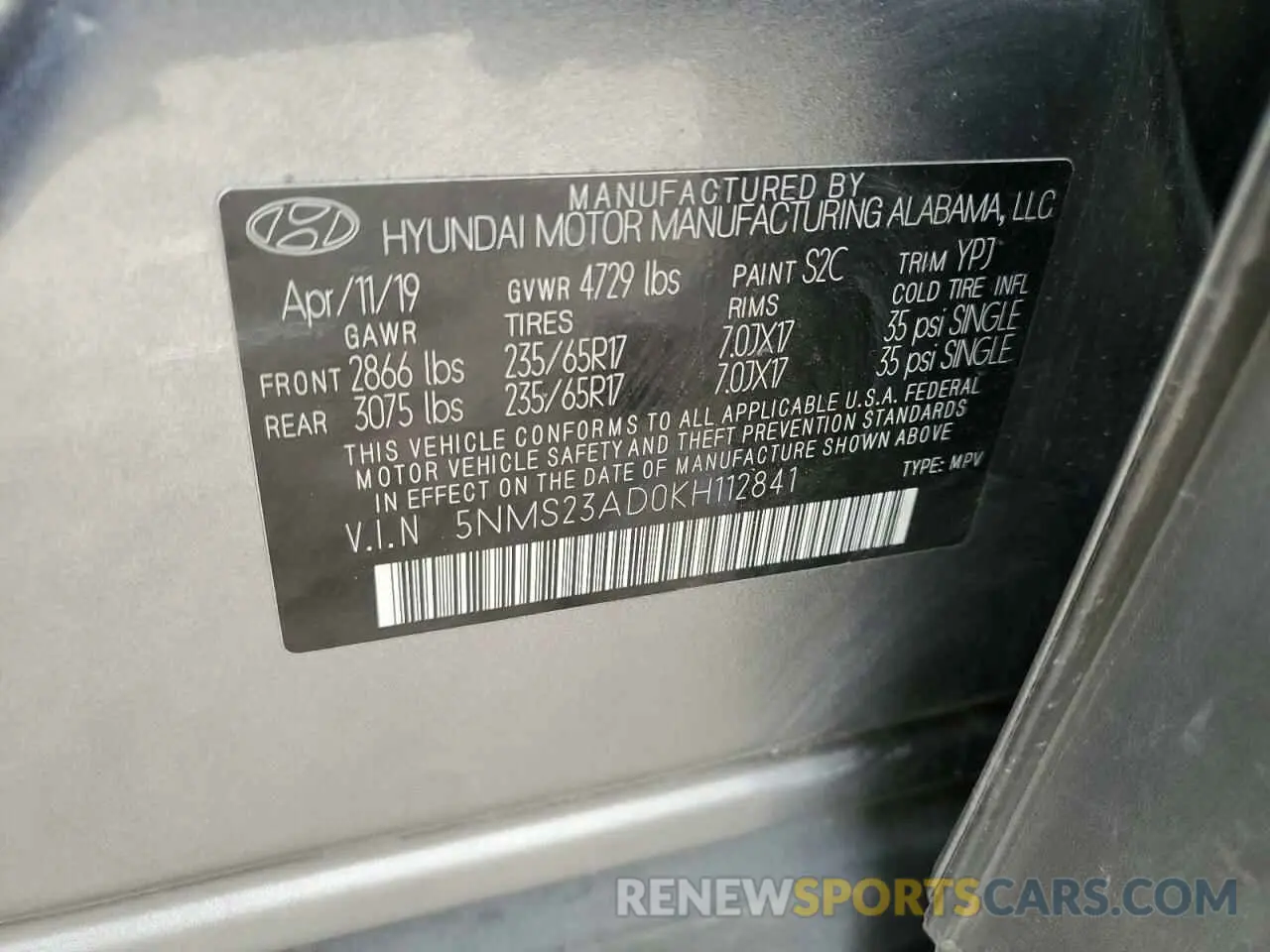 12 Photograph of a damaged car 5NMS23AD0KH112841 HYUNDAI SANTA FE 2019