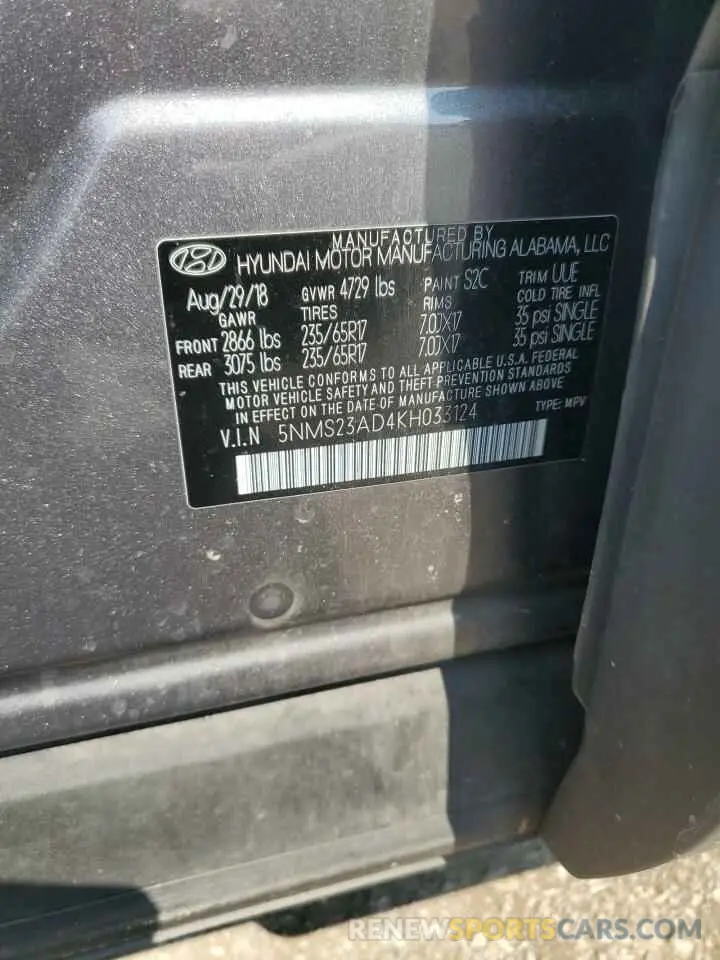 13 Photograph of a damaged car 5NMS23AD4KH033124 HYUNDAI SANTA FE 2019