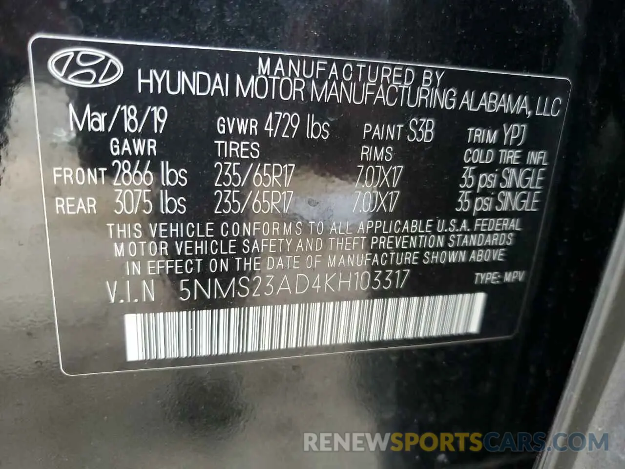 13 Photograph of a damaged car 5NMS23AD4KH103317 HYUNDAI SANTA FE 2019