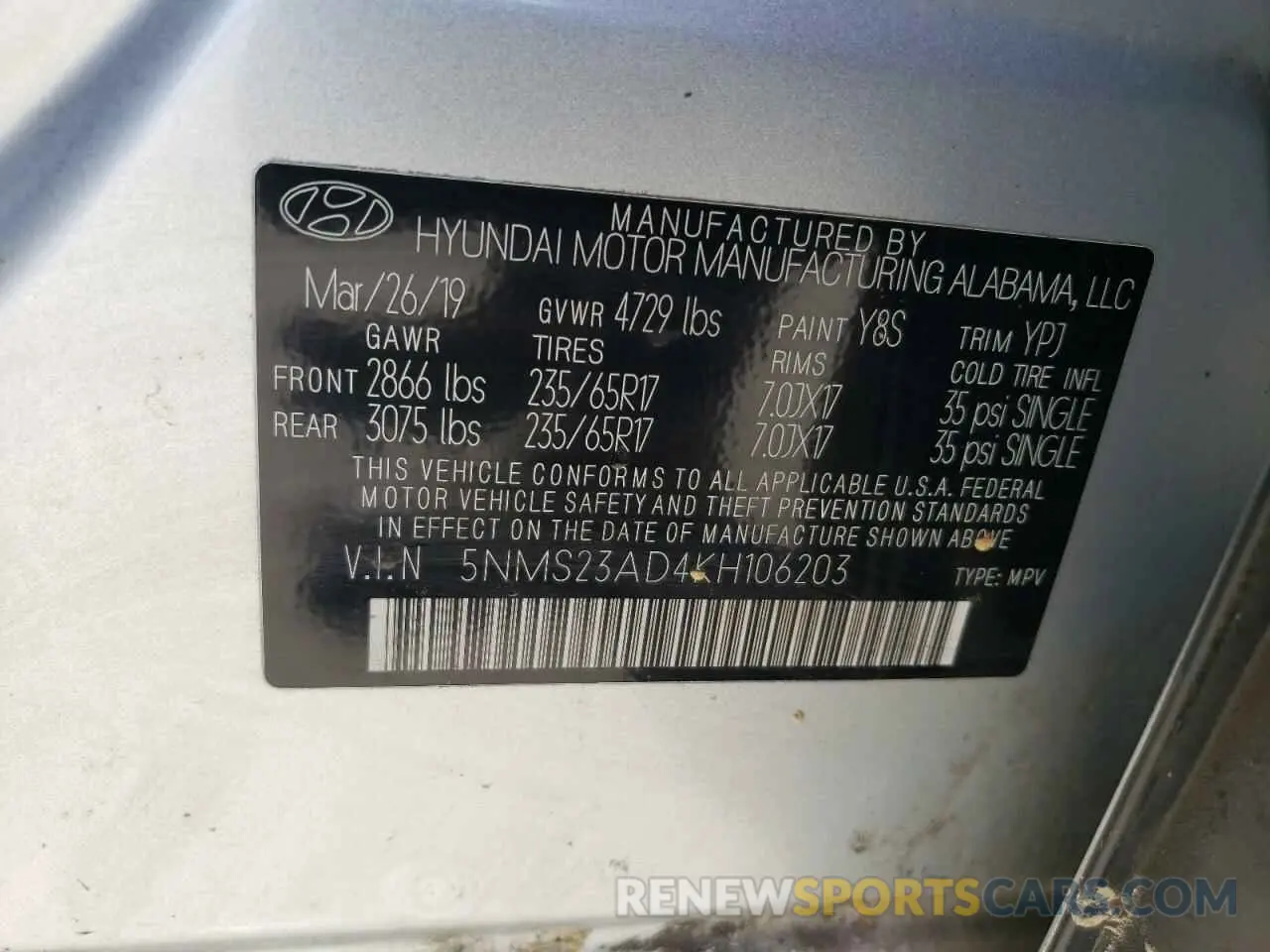 14 Фотография поврежденного автомобиля 5NMS23AD4KH106203 HYUNDAI SANTA FE 2019