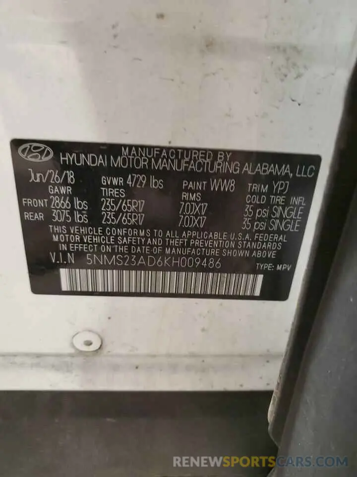 13 Photograph of a damaged car 5NMS23AD6KH009486 HYUNDAI SANTA FE 2019