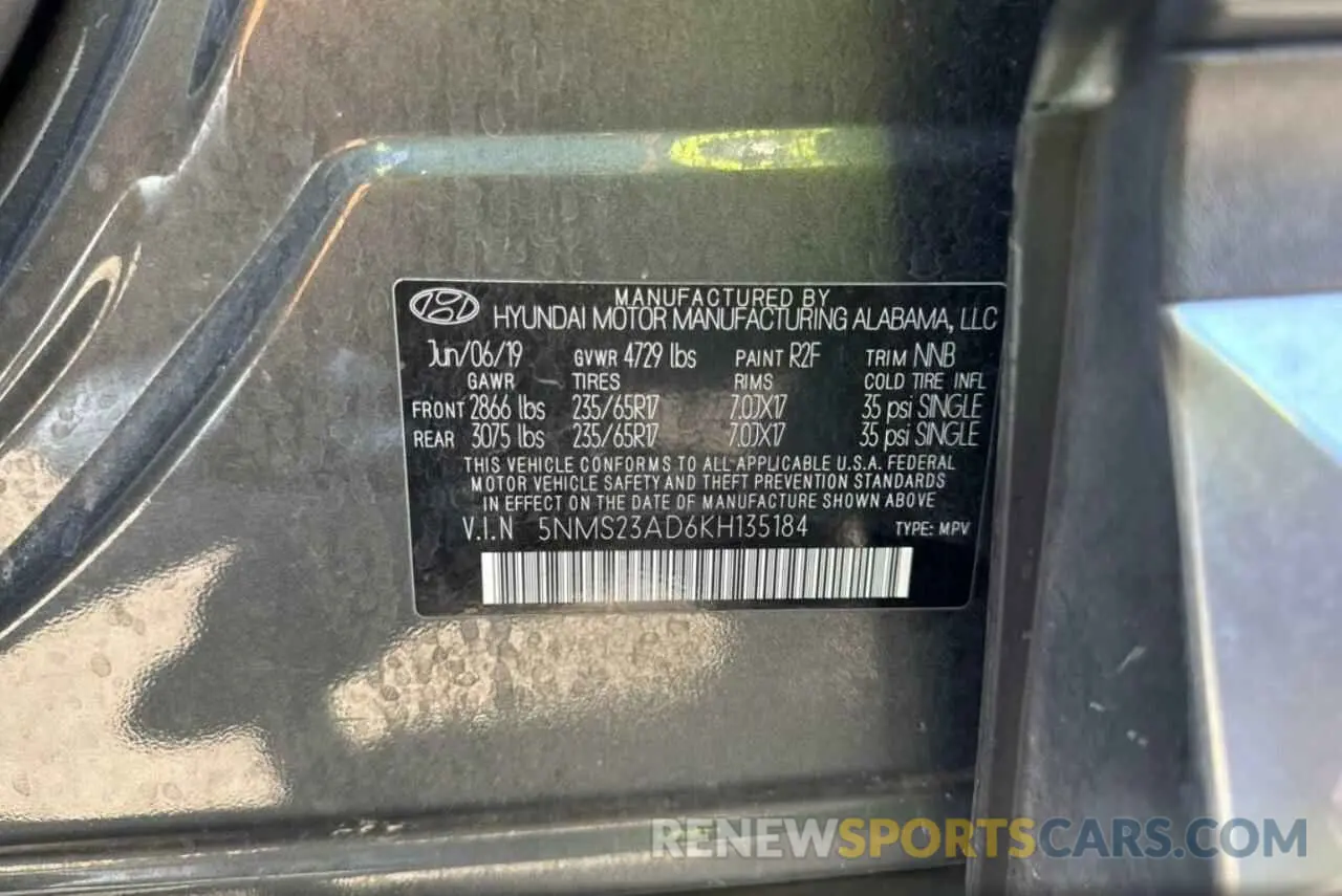 10 Photograph of a damaged car 5NMS23AD6KH135184 HYUNDAI SANTA FE 2019