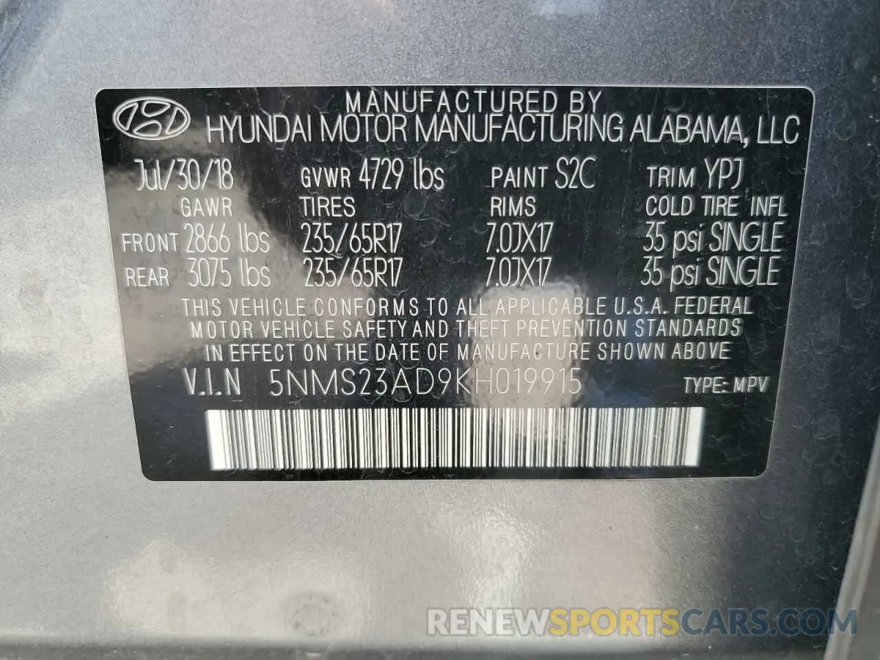 13 Photograph of a damaged car 5NMS23AD9KH019915 HYUNDAI SANTA FE 2019