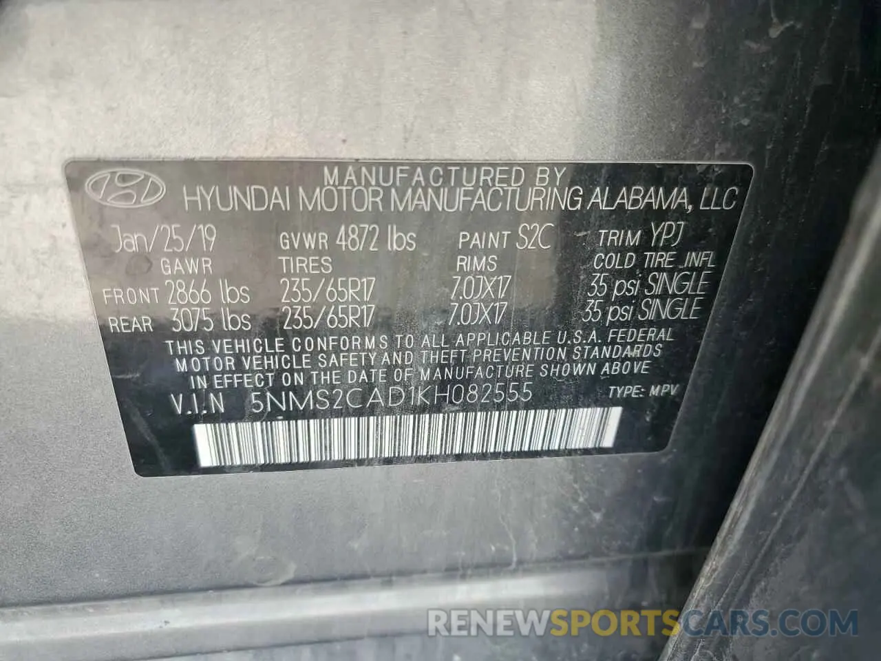 13 Photograph of a damaged car 5NMS2CAD1KH082555 HYUNDAI SANTA FE 2019