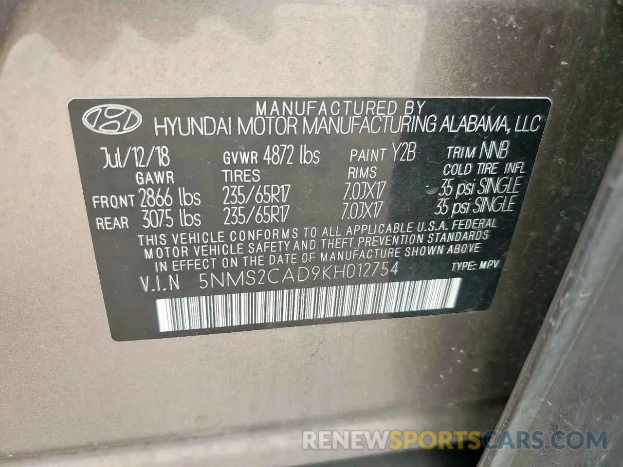 13 Photograph of a damaged car 5NMS2CAD9KH012754 HYUNDAI SANTA FE 2019