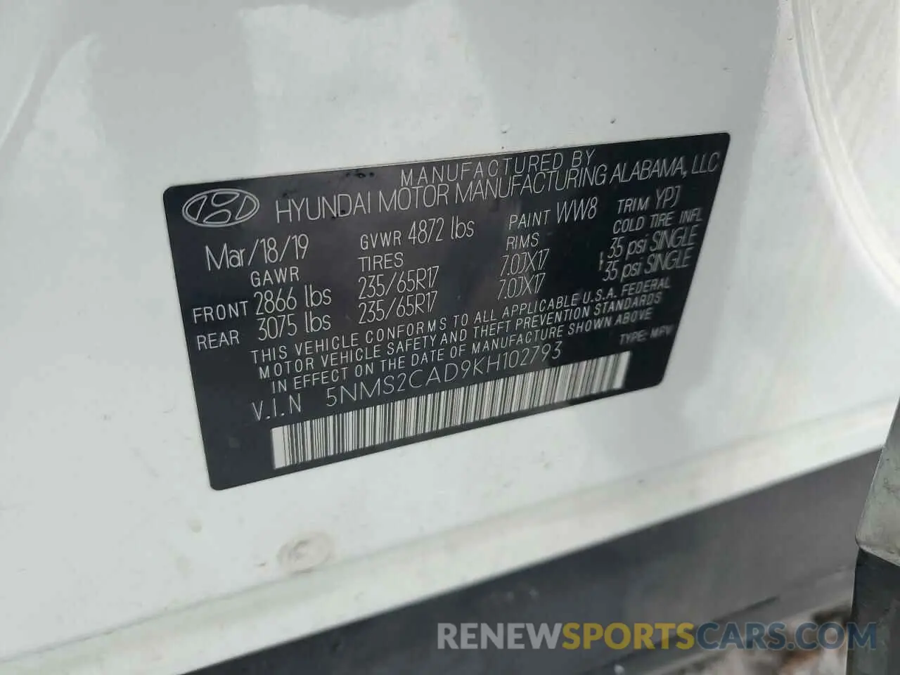 14 Photograph of a damaged car 5NMS2CAD9KH102793 HYUNDAI SANTA FE 2019