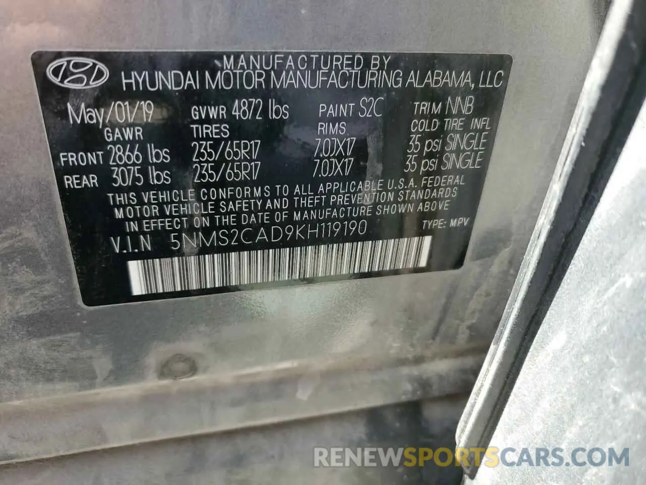 13 Photograph of a damaged car 5NMS2CAD9KH119190 HYUNDAI SANTA FE 2019