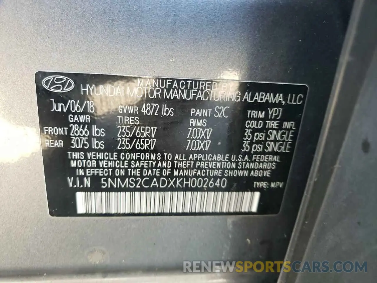 13 Photograph of a damaged car 5NMS2CADXKH002640 HYUNDAI SANTA FE 2019