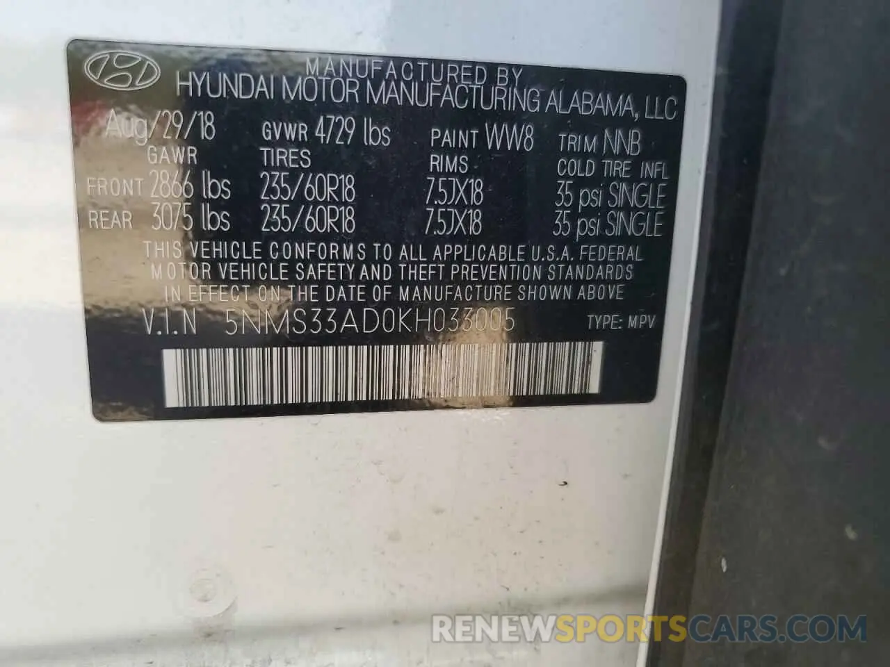 12 Photograph of a damaged car 5NMS33AD0KH033005 HYUNDAI SANTA FE 2019