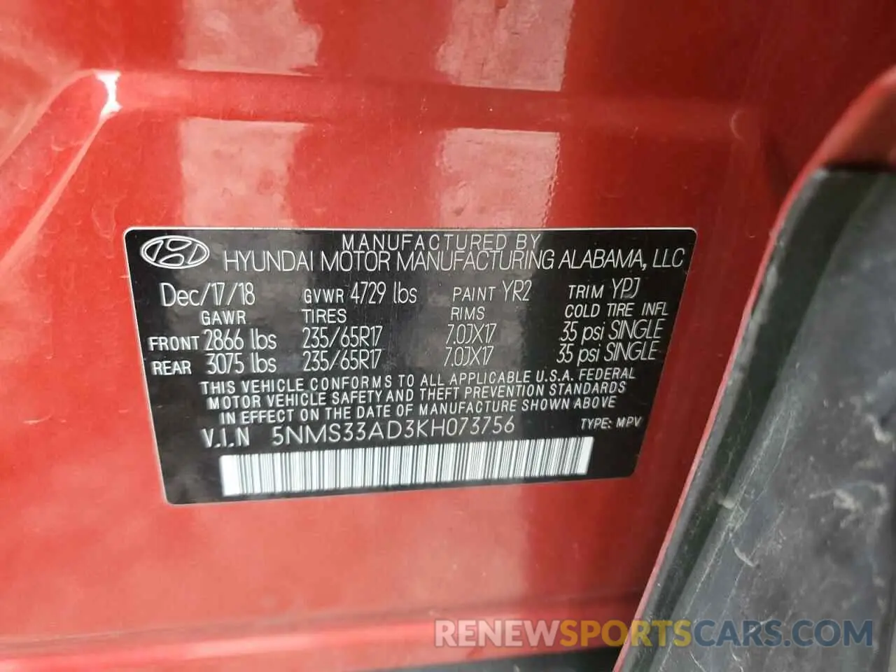 13 Photograph of a damaged car 5NMS33AD3KH073756 HYUNDAI SANTA FE 2019