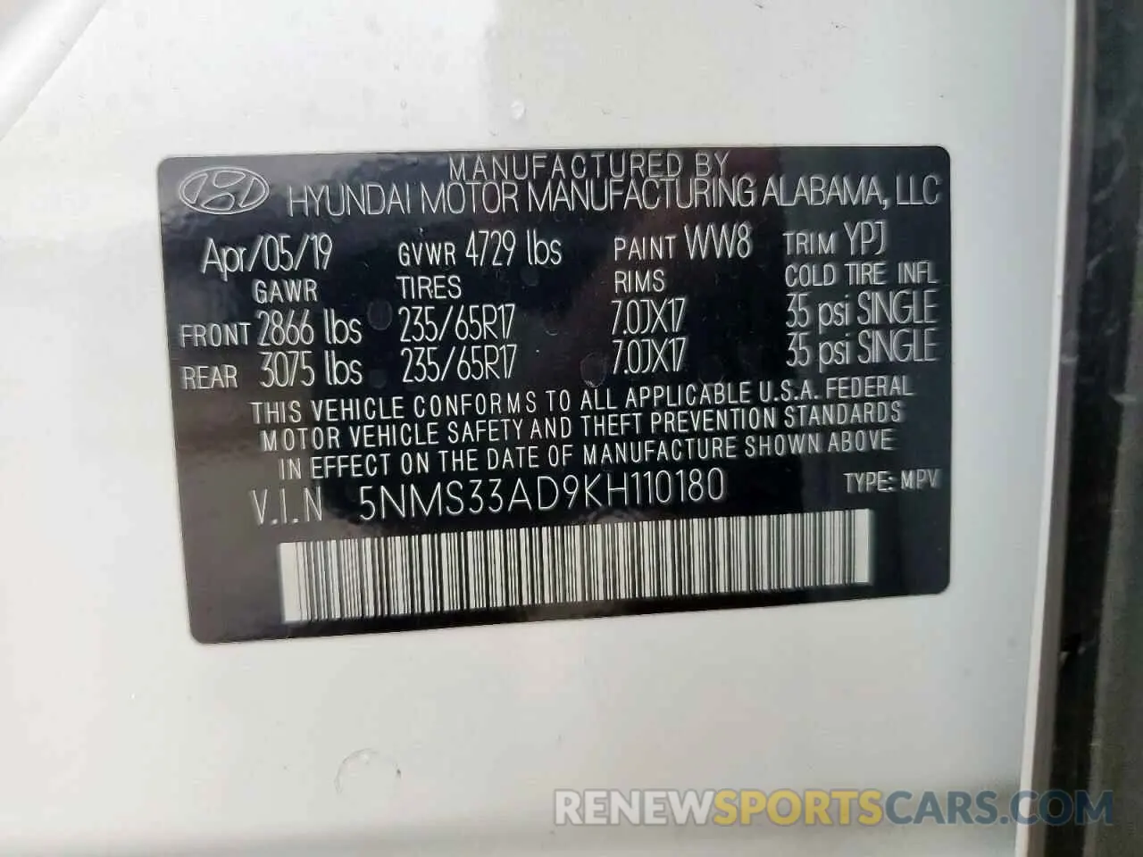13 Фотография поврежденного автомобиля 5NMS33AD9KH110180 HYUNDAI SANTA FE 2019