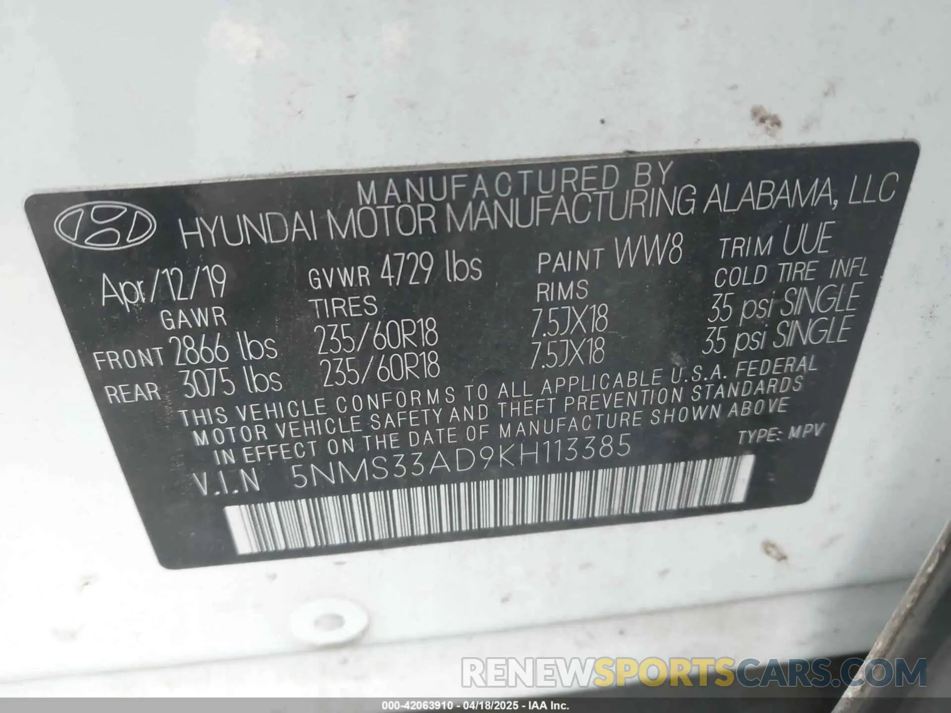 9 Фотография поврежденного автомобиля 5NMS33AD9KH113385 HYUNDAI SANTA FE 2019