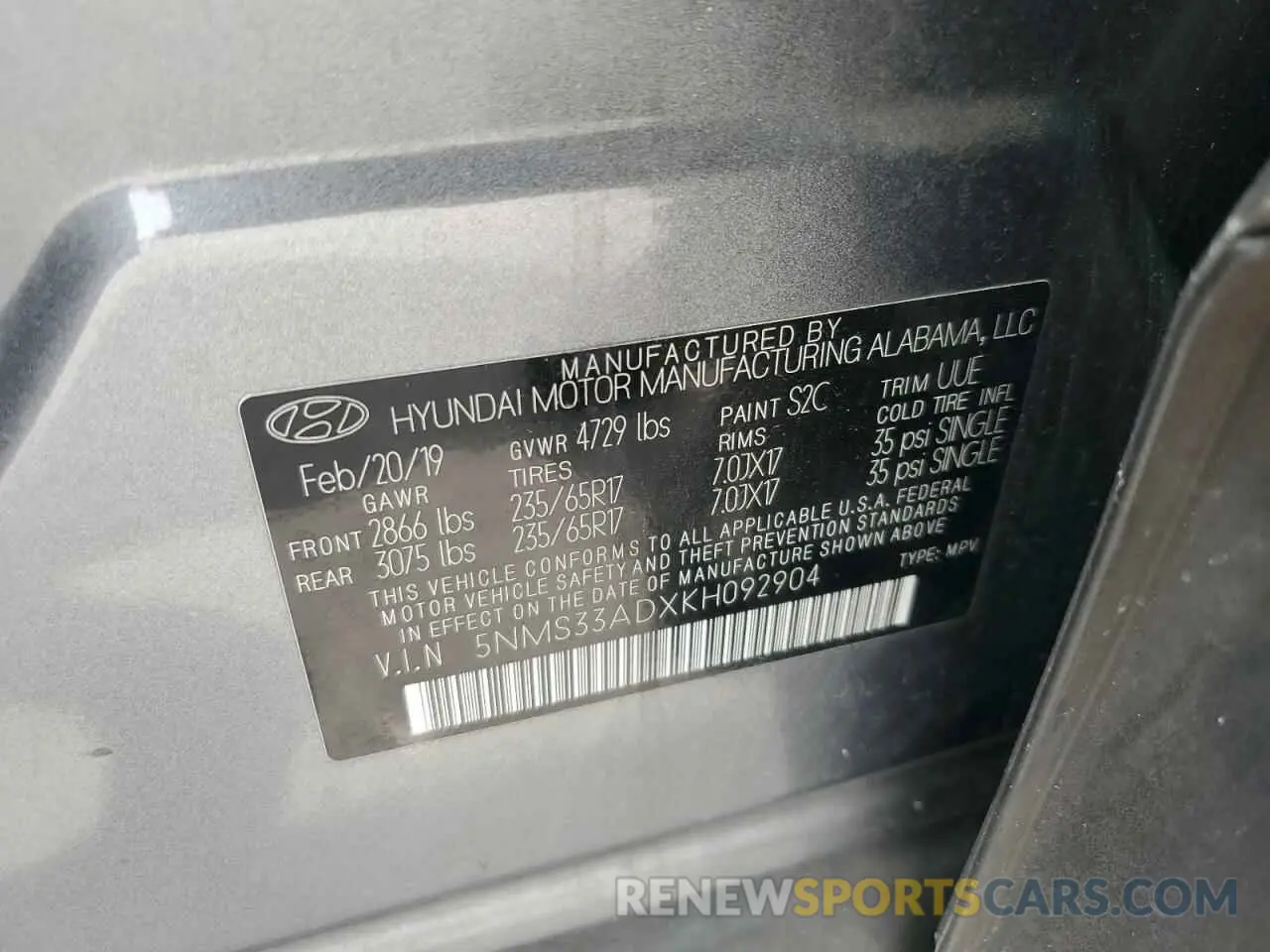 13 Photograph of a damaged car 5NMS33ADXKH092904 HYUNDAI SANTA FE 2019