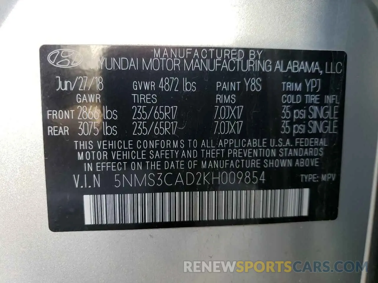 15 Photograph of a damaged car 5NMS3CAD2KH009854 HYUNDAI SANTA FE 2019