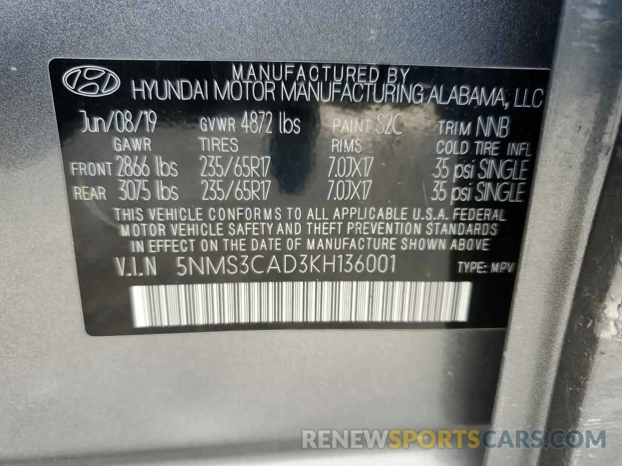 13 Photograph of a damaged car 5NMS3CAD3KH136001 HYUNDAI SANTA FE 2019