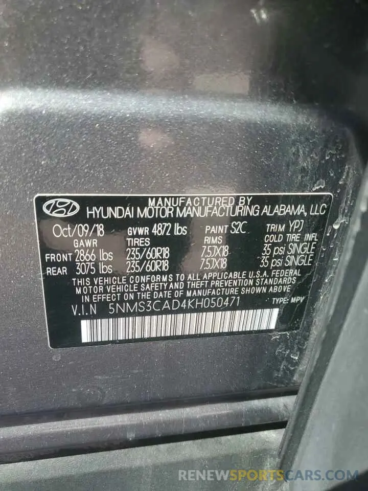 13 Photograph of a damaged car 5NMS3CAD4KH050471 HYUNDAI SANTA FE 2019