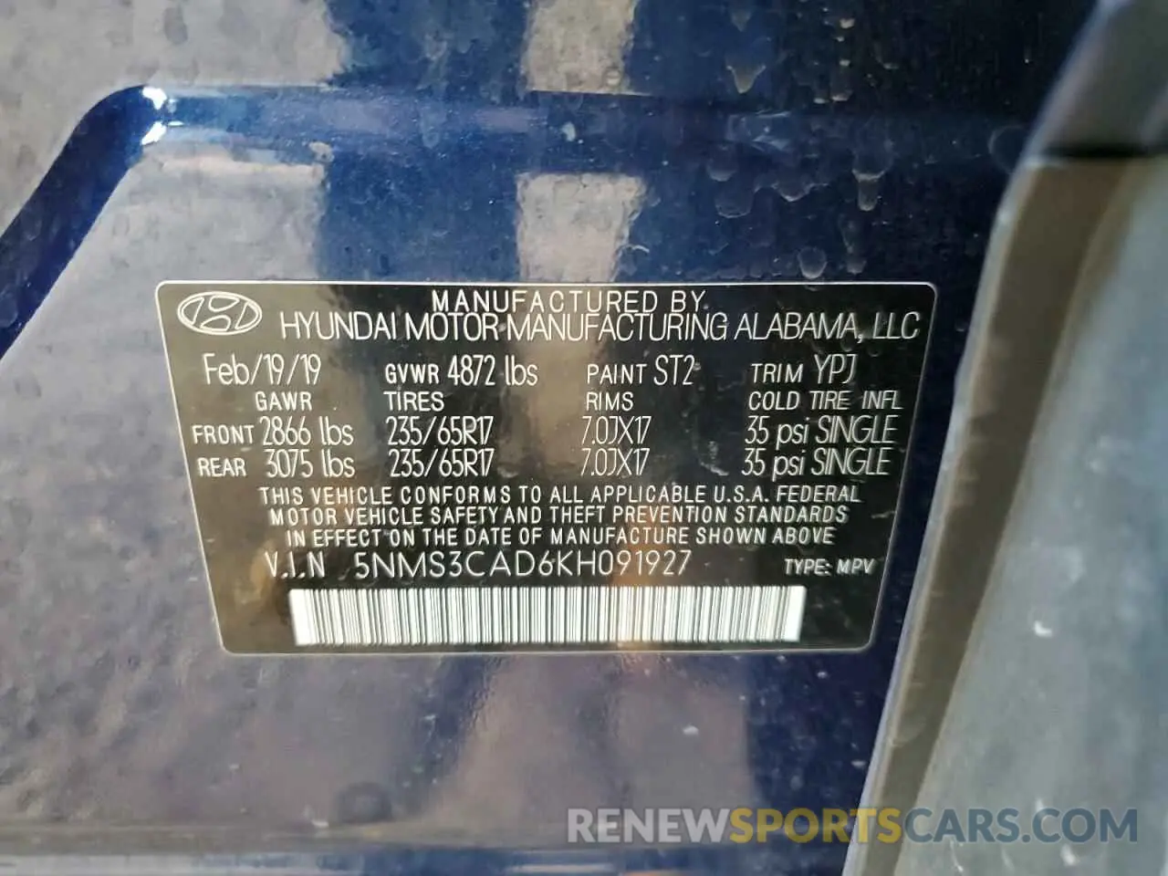 14 Фотография поврежденного автомобиля 5NMS3CAD6KH091927 HYUNDAI SANTA FE 2019