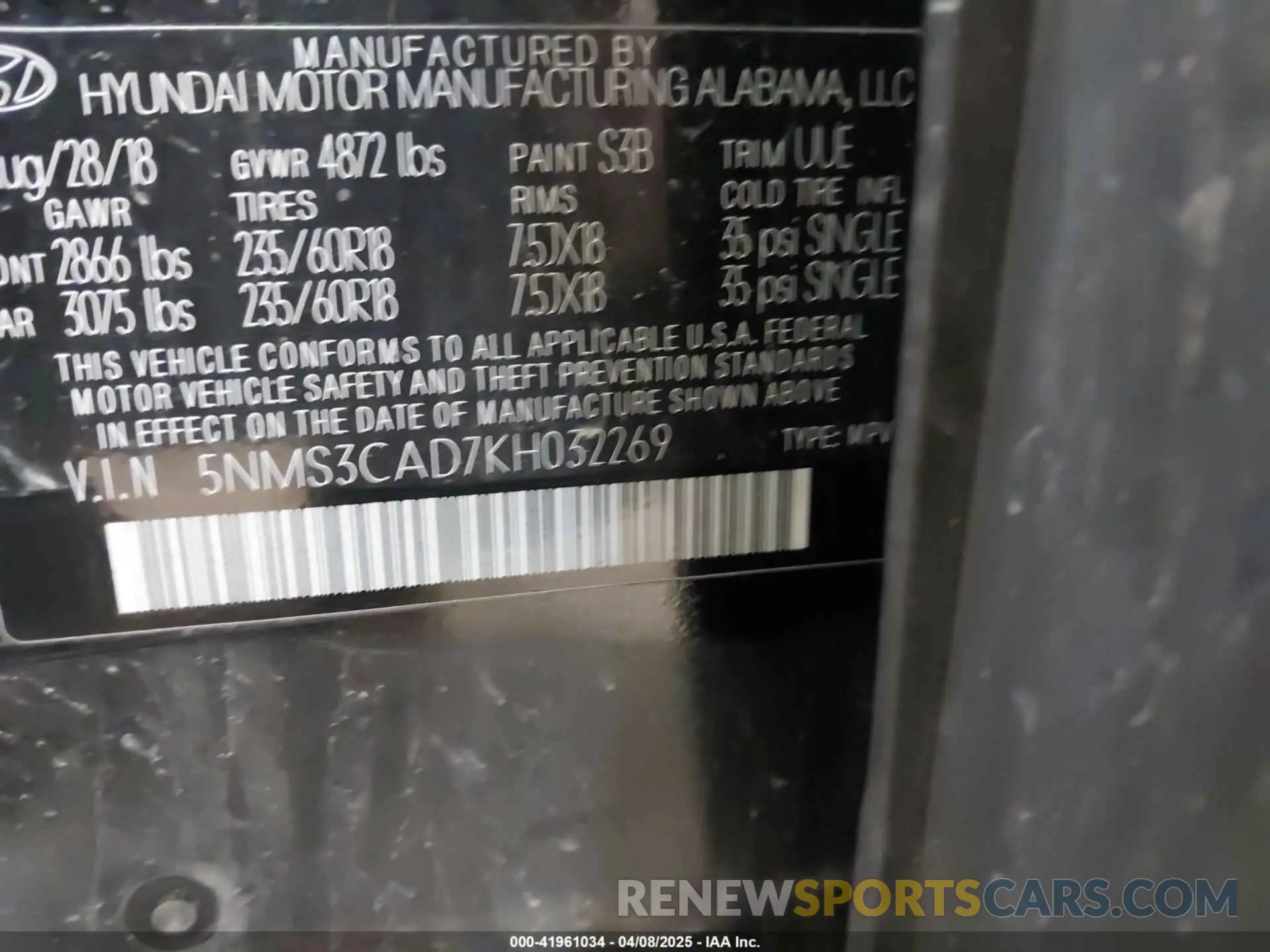 9 Фотография поврежденного автомобиля 5NMS3CAD7KH032269 HYUNDAI SANTA FE 2019