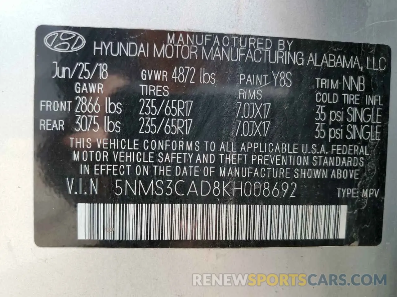 13 Фотография поврежденного автомобиля 5NMS3CAD8KH008692 HYUNDAI SANTA FE 2019