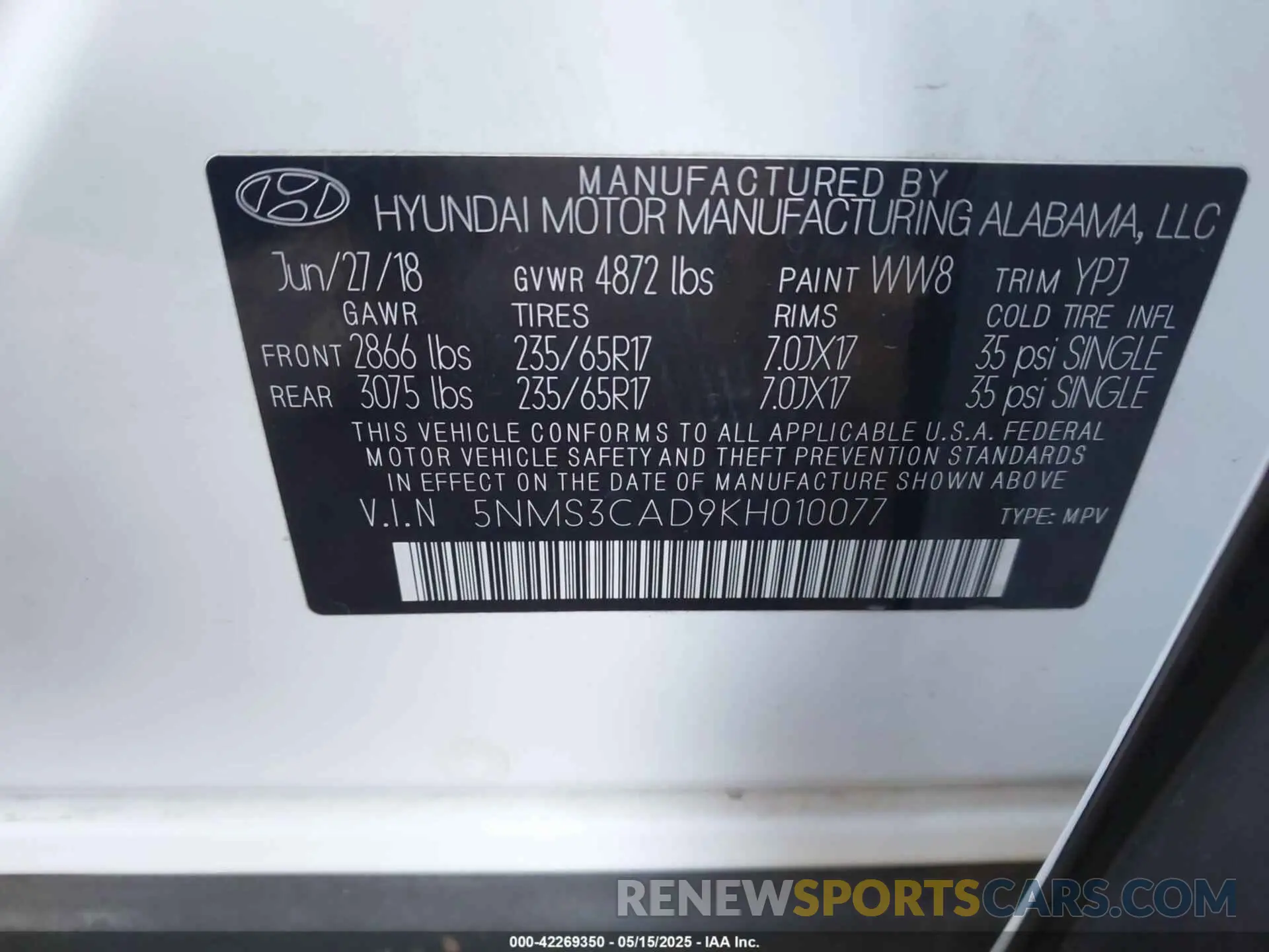 9 Photograph of a damaged car 5NMS3CAD9KH010077 HYUNDAI SANTA FE 2019