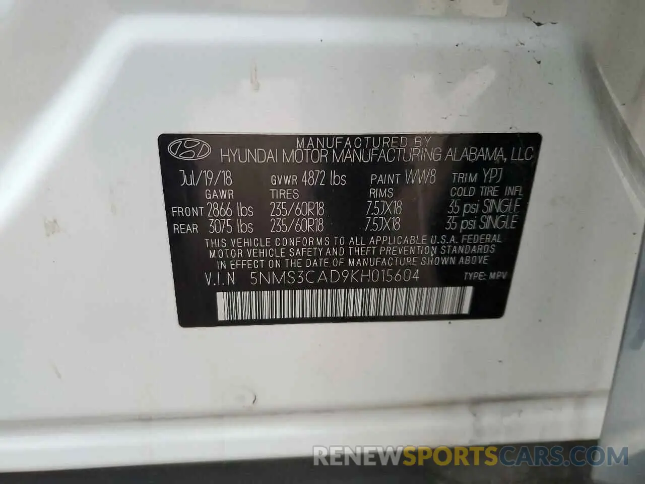 16 Фотография поврежденного автомобиля 5NMS3CAD9KH015604 HYUNDAI SANTA FE 2019