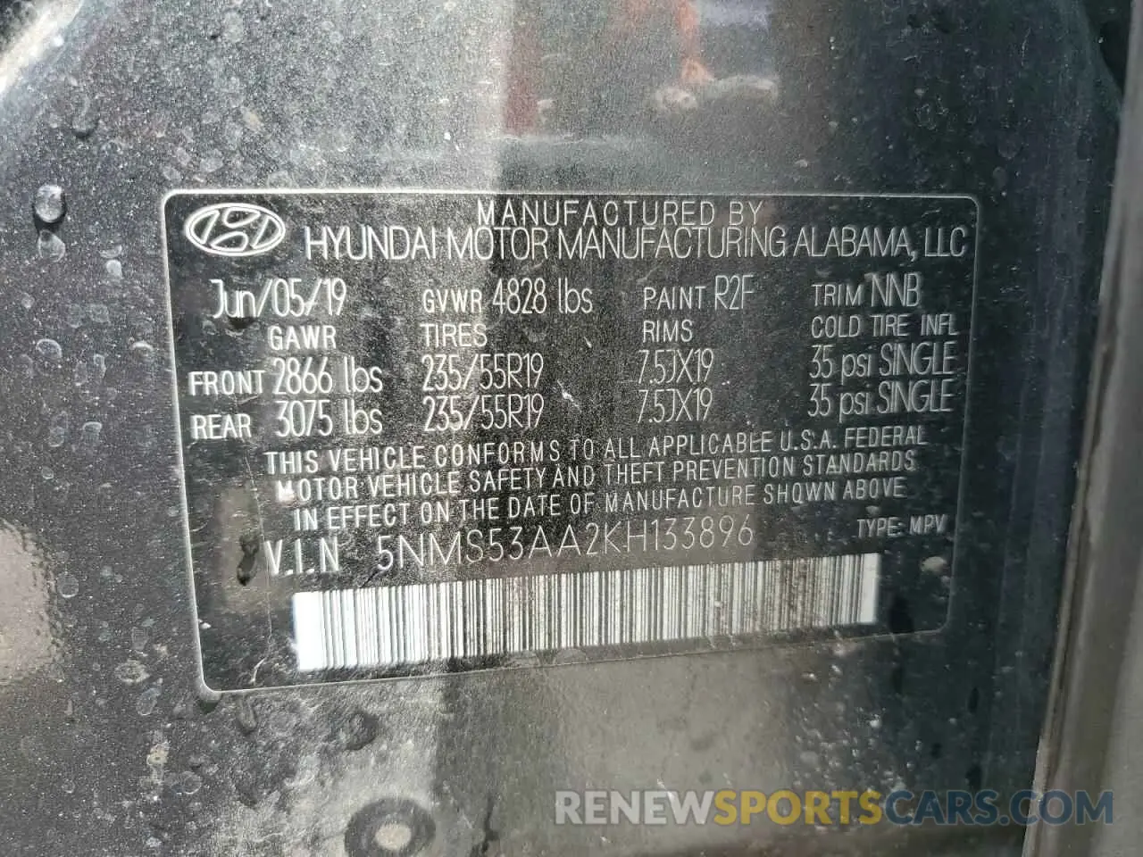 14 Photograph of a damaged car 5NMS53AA2KH133896 HYUNDAI SANTA FE 2019