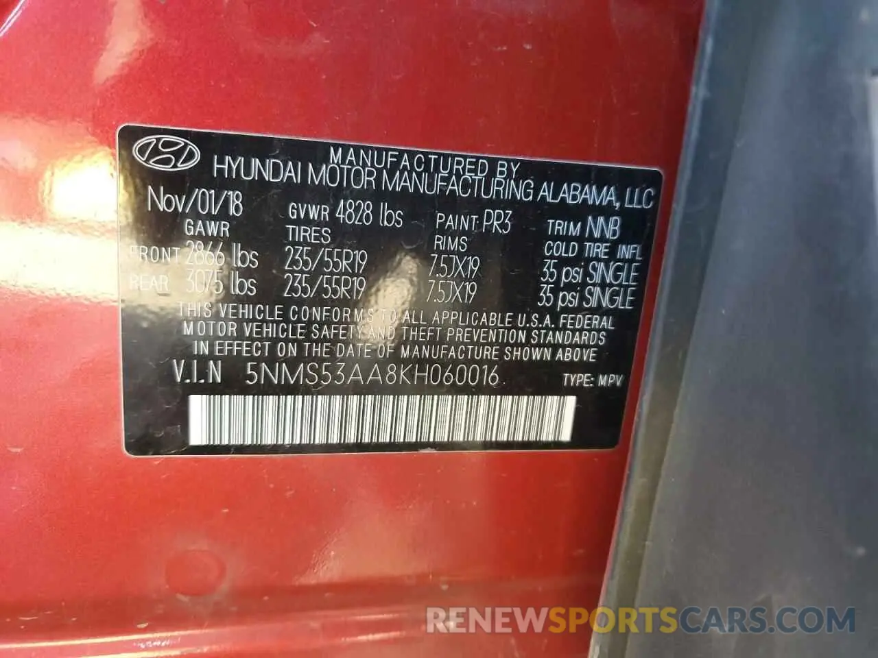 12 Photograph of a damaged car 5NMS53AA8KH060016 HYUNDAI SANTA FE 2019