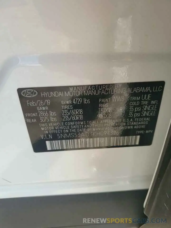 14 Фотография поврежденного автомобиля 5NMS53AD3KH094326 HYUNDAI SANTA FE 2019